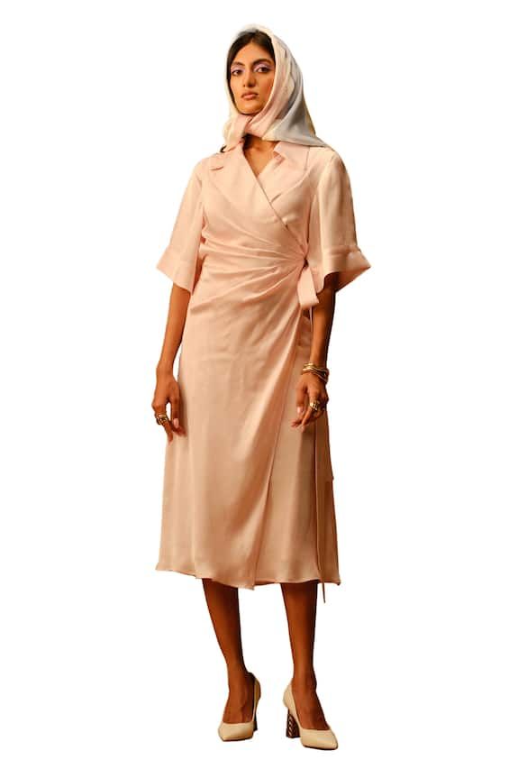 Baby pink shirt wrap dress with assymetrical collar detailing. - Aza Fashions Pink Collared Midi Dress For Daywear, Chic Summer Midi Dress For Semi-formal Occasions, Spring Office Wrap Dress In Midi Length, Chic Semi-formal Summer Midi Dress, Feminine Pink Semi-formal Dress, Spring Office Wrap Dress Midi Length, Elegant Pink Shirt Dress For Work, Chic Shirt Dress For Spring Office Wear, Chic Spring Shirt Dress For Office