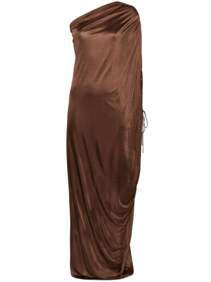 brown stretch-design draped design asymmetric design single sleeve straight hem long length Silk Asymmetrical Dress With Ruched Detail And Asymmetrical Neckline, Silk Asymmetrical Dress With Ruched Detail, Draped Maxi Dress With Draped Sleeves, Silk Asymmetrical Ruched Dress, Silk Asymmetrical Dress With Draped Sleeves, Silk Asymmetrical Draped Dress With Ruched Detail, Brown Maxi Dress With Side Slits, Asymmetrical One Shoulder Dress With Draped Sleeves, Brown Draped Evening Dress