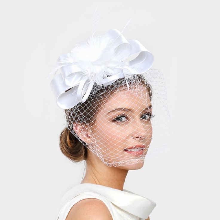 Style No : [236342] Fh702-Wh Color : White Theme : Bow, Feather Size : 2.5" X 8.5", 3" H Satin Bow Feather Fascinator Classic White Fascinator, Classic White Mini Hat With Short Brim, Chic White Fitted Costume Hats And Headpieces, Classic Mini Hats For Spring Wedding, White Structured Crown Hat For Races, White Hat With Structured Crown For Spring, White Structured Crown Hat For Spring, Fitted White Hat Headpiece, Fitted White Headpiece For Church