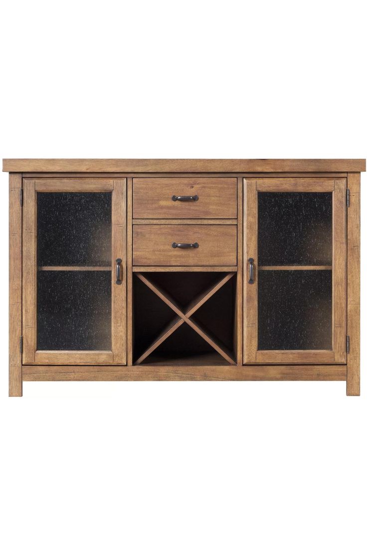 a wooden cabinet with glass doors and drawers