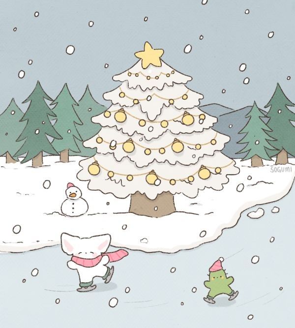 a cartoon christmas tree in the middle of a snow covered field with two small trees