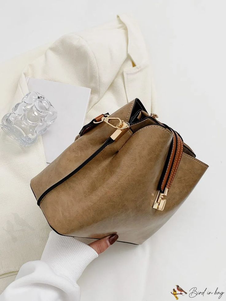 BirdinBag - Refined Stitched Bucket Bag Bag Bag, Color Khaki, Bucket Bag, Pu Leather, Size Medium, Zipper, Leather, Pattern, Color