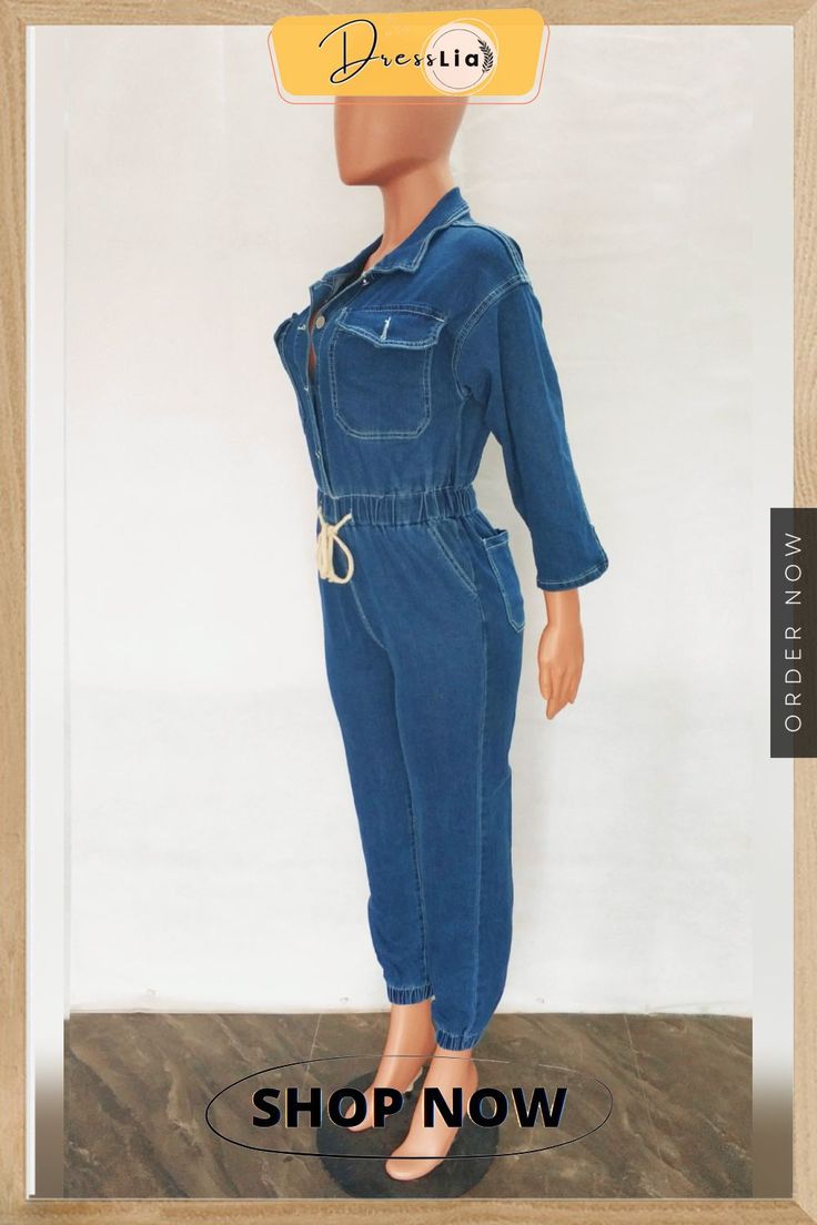 Casual Waist Lace Up Button Denim Jumpsuit Casual Denim Jumpsuit With Buttons, Casual Button-up Jumpsuits And Rompers, Casual Overalls With Buttons, Spring Denim Blue Button-up Overalls, Casual Medium Wash Button-up Jumpsuits And Rompers, Casual Button-up Denim Jumpsuit, Utility Denim Button-up Jumpsuit, Casual Blue Button-up Jumpsuit, Blue Casual Button-up Jumpsuits And Rompers