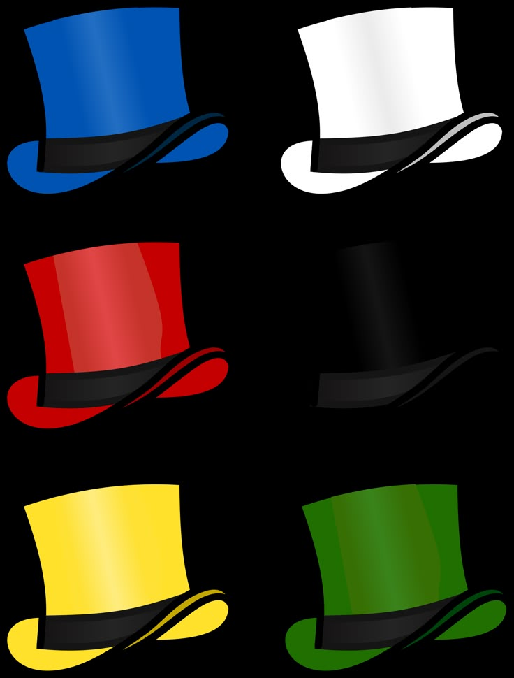 four different colored hats with one black top hat and the other red, green, yellow, blue, and white