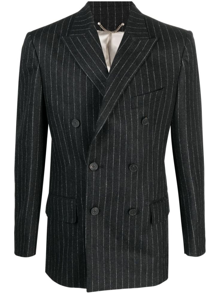 dark grey virgin wool blend mélange effect pinstripe pattern mini logo tag notched lapels shoulder pads long sleeves buttoned cuffs double-breasted button fastening chest welt pocket two front flap pockets Double Breasted Suit Men, Black Pinstripe Suit, Blazer For Men, Pinstripe Blazer, Mini Logo, Pinstripe Suit, Tuxedo Suit, Golden Goose Deluxe Brand, Double Breasted Blazer