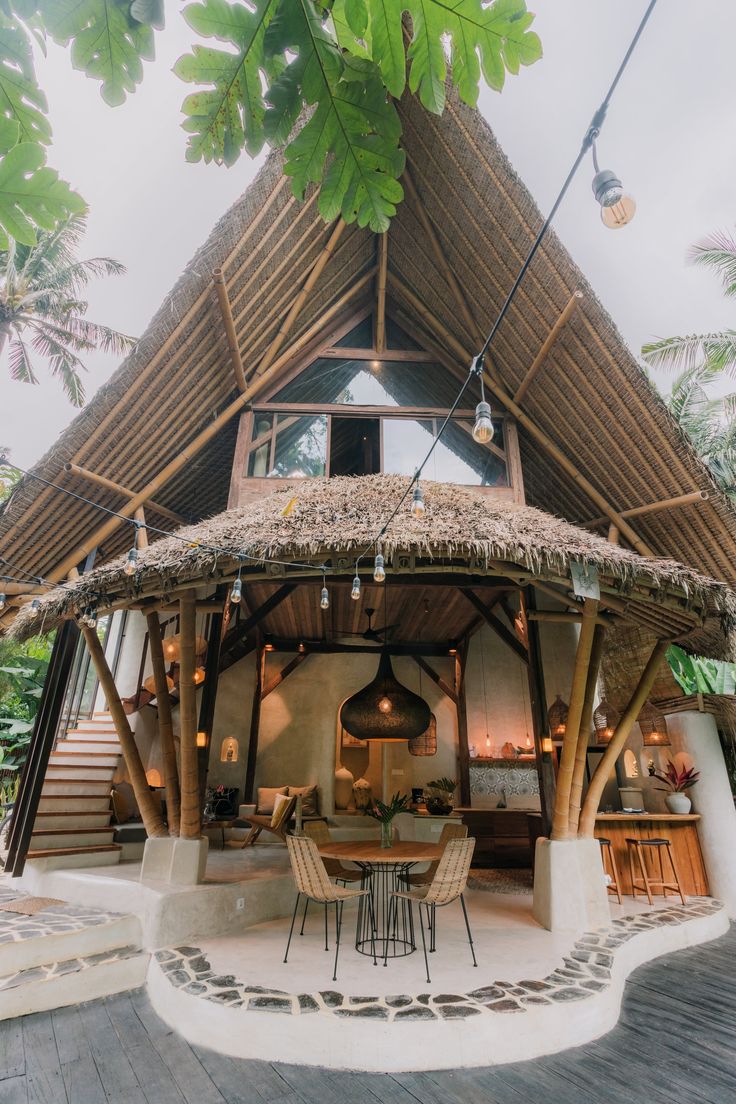 the inside of a house that is made out of wood and has a straw roof