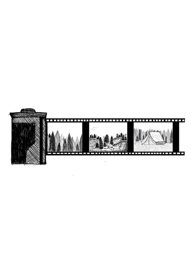 a black and white film strip with trees in the background