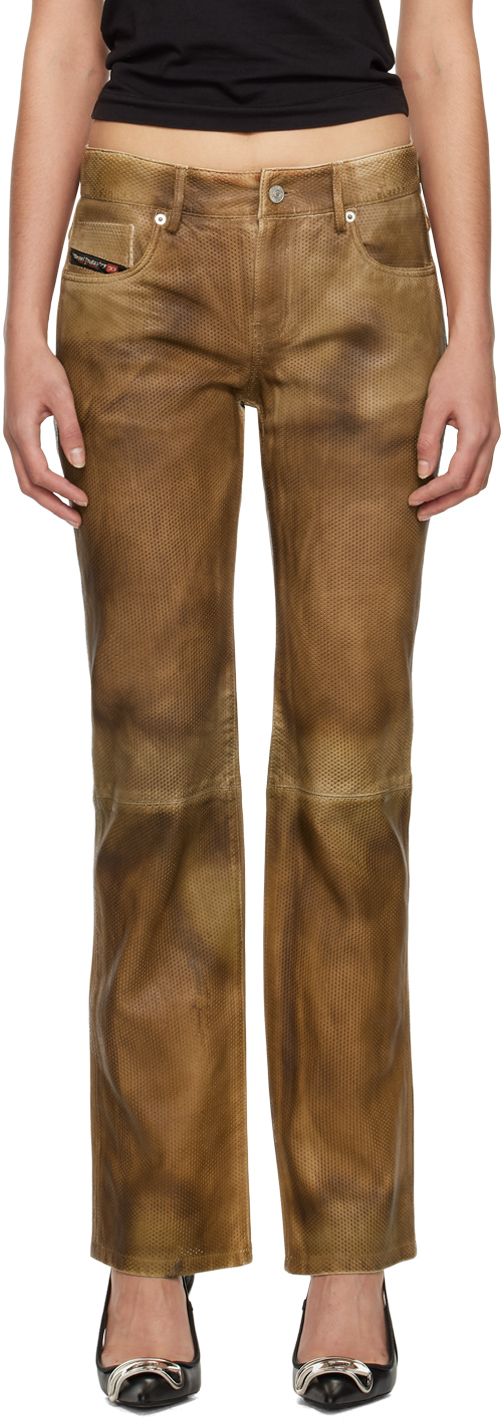 Slim-fit paneled sheepskin pants. Perforated detailing and fading throughout. · Belt loops · Five-pocket styling · Zip-fly · Partial satin lining · Logo-engraved antiqued silver-tone hardware Supplier color: Brown Slim Fit Pants, Slim Pants, Leather Jackets, Curator Style, Online Shopping Clothes, Leather Fashion, Suede Leather, Leather Pants, Silver Tone