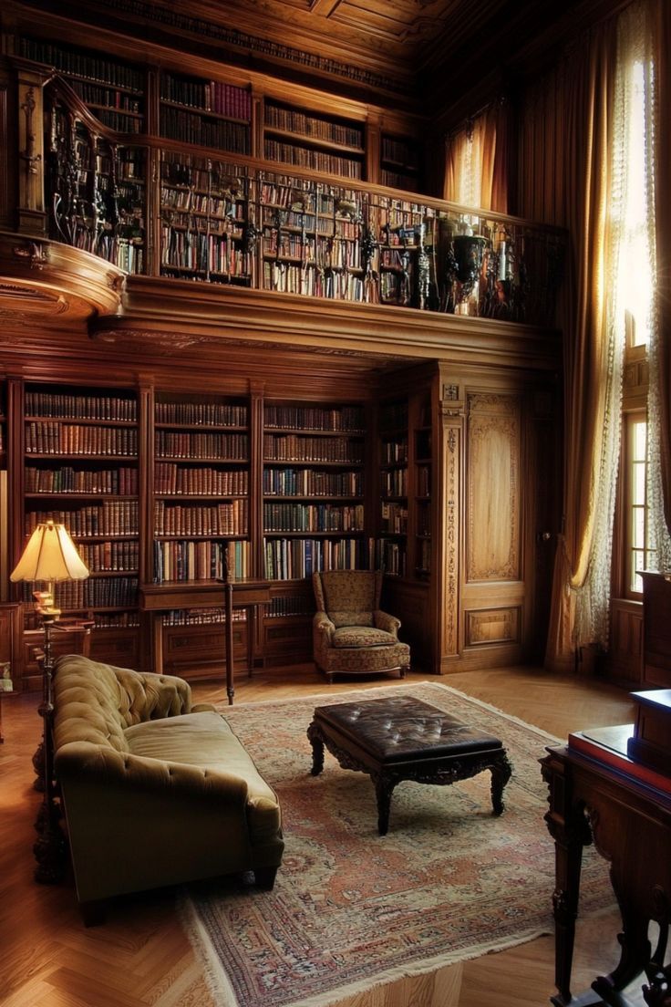 a living room filled with lots of furniture and bookshelves full of bookcases