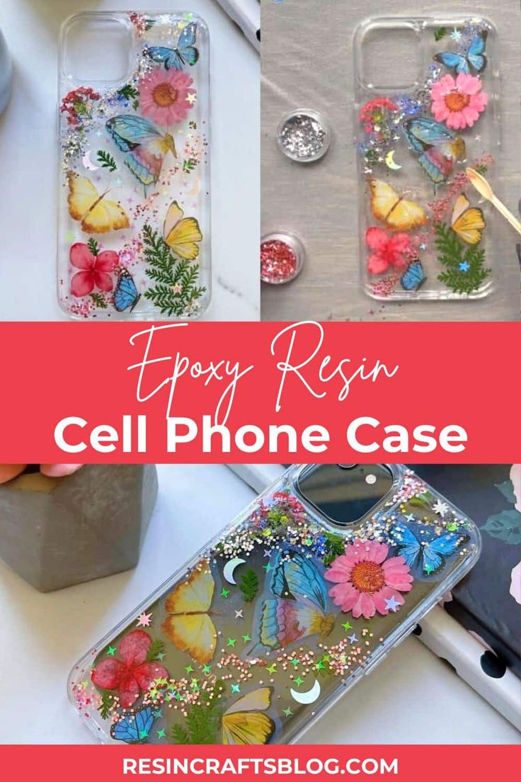 cell phone case with flowers and butterflies on it, sitting next to other items that include scissors