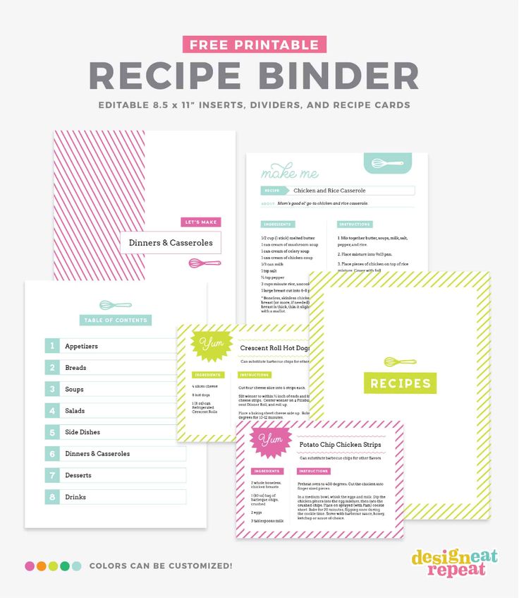 the printable recipe binder is shown in three different colors and sizes, including pink,