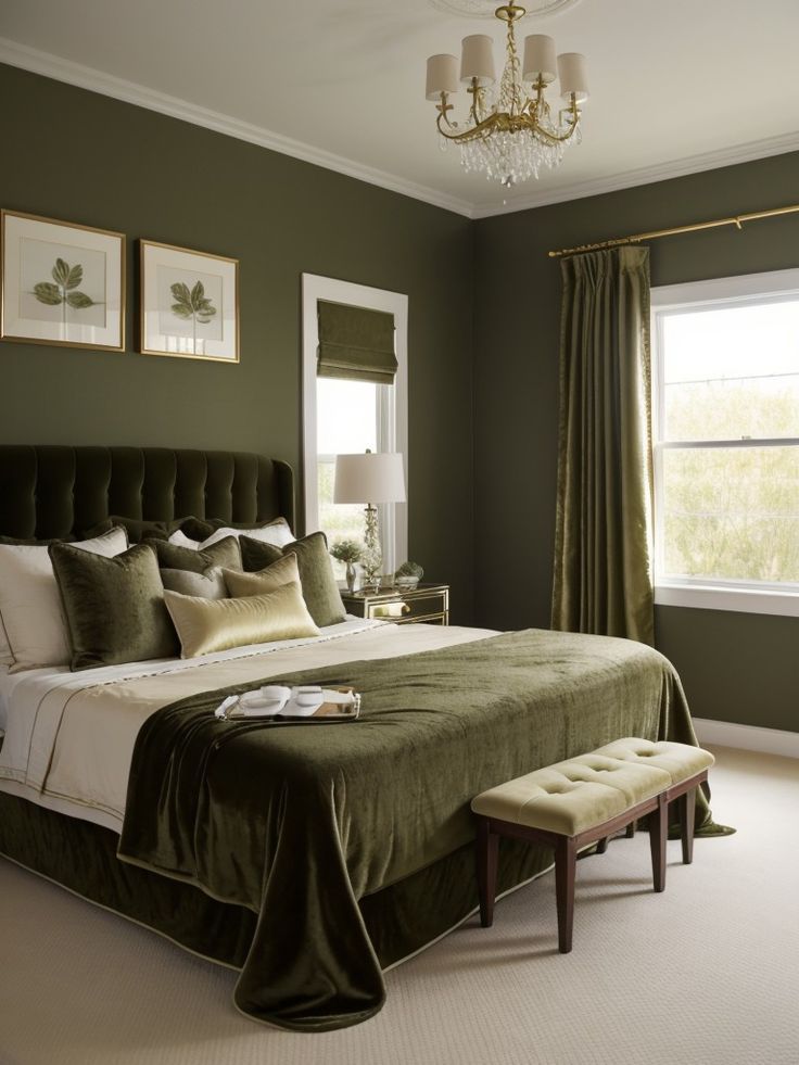 a bedroom with green walls and white carpeted flooring has a large bed in the center