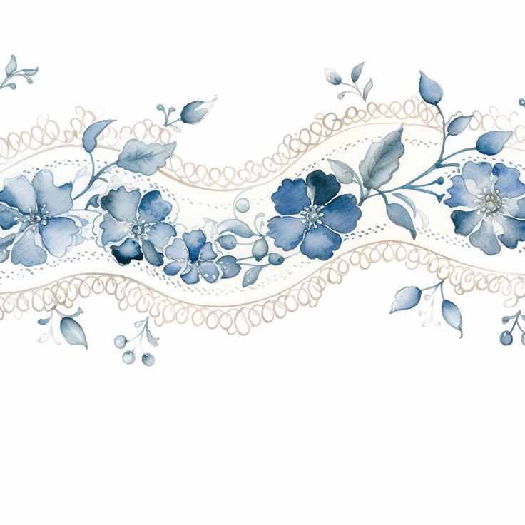 blue flowers and leaves are painted on the side of a white wall with an intricate lace border