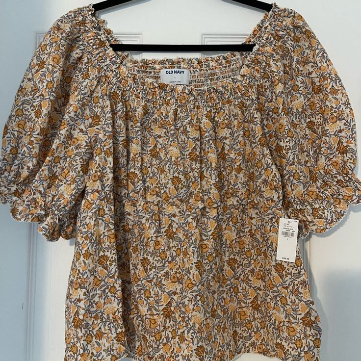 Old Navy Color: Fall Floral Colors Size: L New With Tags Beige Cotton Puff Sleeve Top For Summer, Cotton Puff Sleeve Top In Beige For Summer, Beige Cotton Puff Sleeve Top, Cotton Peasant Top With Puff Sleeves And Floral Print, Cute Puff Sleeve Top For Day Out, Yellow Cotton Puff Sleeve Tops, Mustard Floral Print Cotton Top, Yellow Puff Sleeve Top With Floral Print, Yellow Floral Print Puff Sleeve Top