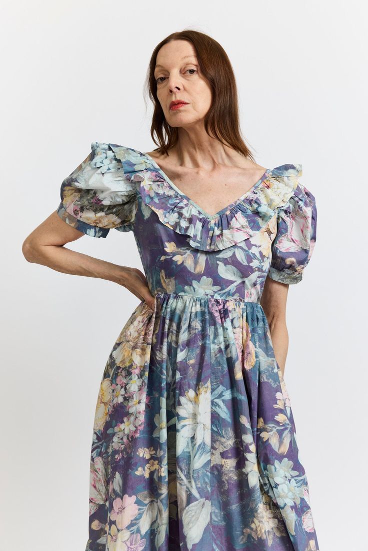 Eligible for Exchange or Store Credit Only. (NOTE: This is a Sale Item and is non-refundable.) Details Our bestselling Ruffle May Dress in archival Laura Ashley print, Mathilde Mural. Mid-length dress featuring a ruffled v-neck and skirt and short puff sleeves. Content + Care 100% Cotton Delicate cycle or gentle wash. Hang to dry. Made in India Fit True to size Brigitt is 5'11" and wears a size 2 Size 2 Measurements: Bust - 35" Waist - 27 1/2" Length from shoulder - 45" Size 10 Measurements: Bus Laura Ashley Dress, Brand Collection, Mid Length Dresses, Laura Ashley, Dress 100, Kids House, Puff Sleeves, Mid Length, Puff Sleeve