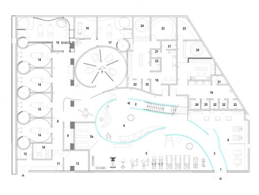 the floor plan for an indoor swimming pool in a building with multiple levels and various seating areas