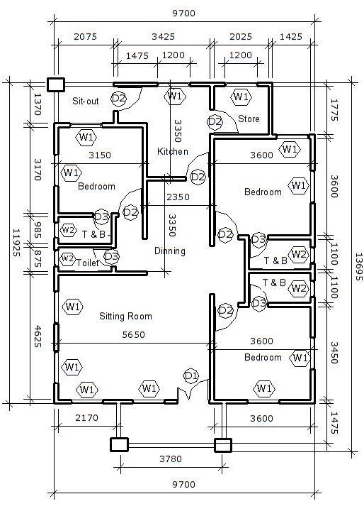 the floor plan for an office building with three rooms and two bathrooms, which are connected to