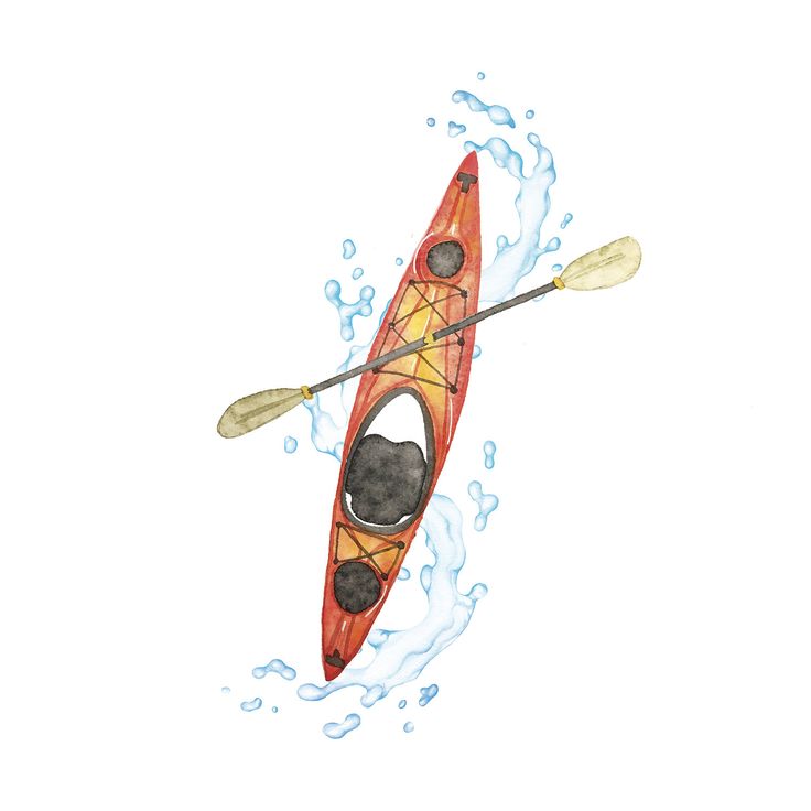 a watercolor drawing of a kayak with an oar in the middle and two paddles above it