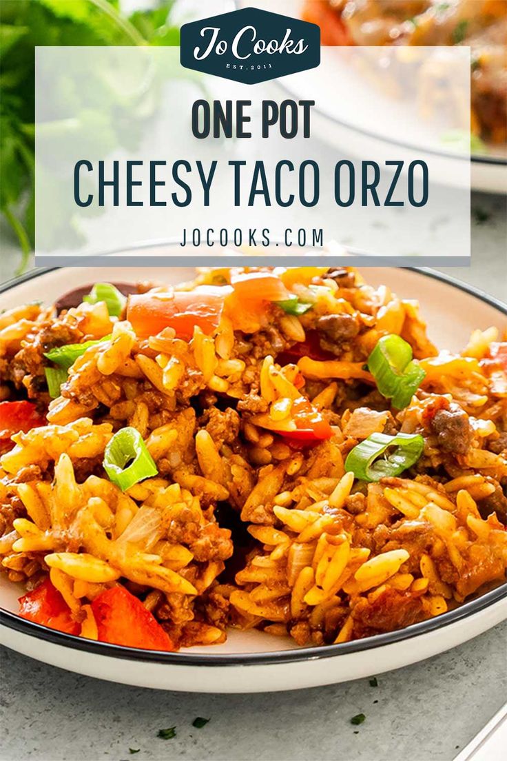 one pot cheesy taco orzo on a plate with the title overlay