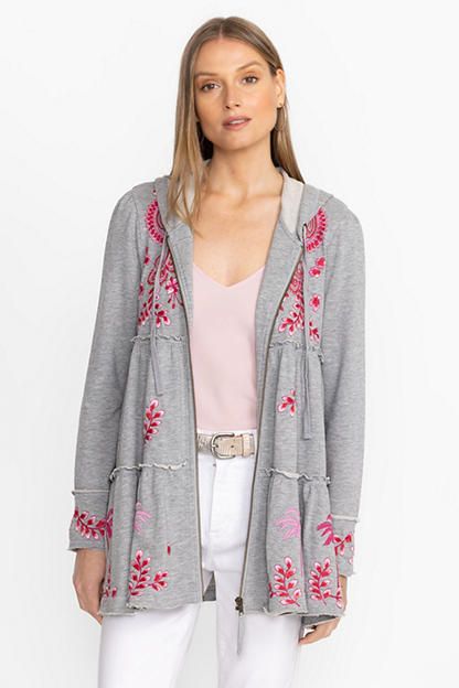 Crafted from 100% breathable cotton, the Cassia Tiered Hoodie is the perfect year-round casual layering piece. Featuring an attached hood with a drawstring and an easy zipper front, this multi-tiered hoodie is embellished with intricate placement embroidery. Pair with jeans and a coordinating classic tee for a polished casual look. Johnny Was Women's Cassia Tiered Hoodie in Light Heather Grey, Size XS, Cotton Polished Casual, Embroidered Jeans, Boho Chic Outfits, Johnny Was, Layering Pieces, Front Zipper, Heathers, Heather Grey, Boho Chic