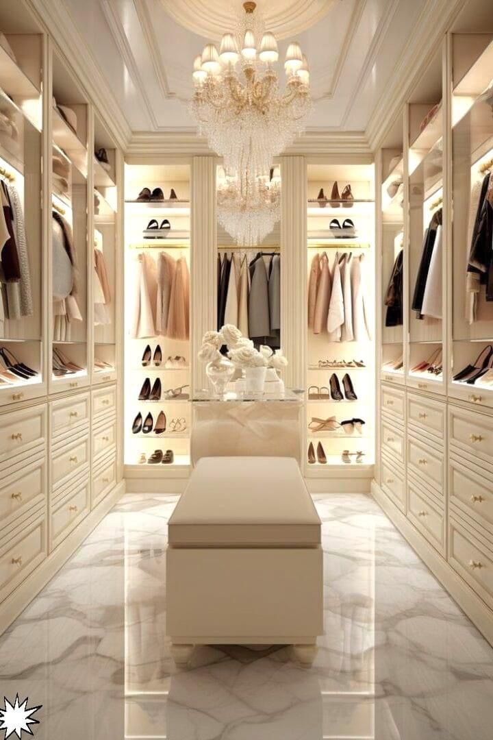 an elegant walk in closet with chandelier and shoes