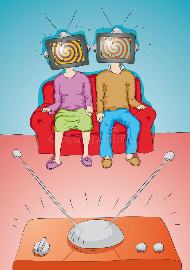 two people sitting on a couch watching tv with their heads turned to the same direction