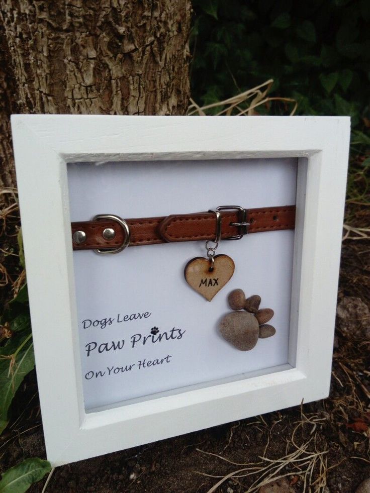 a white frame with two hearts and a dog's paw print attached to it