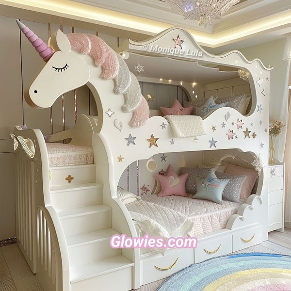 a child's bedroom with a white unicorn bed and stairs in the room,