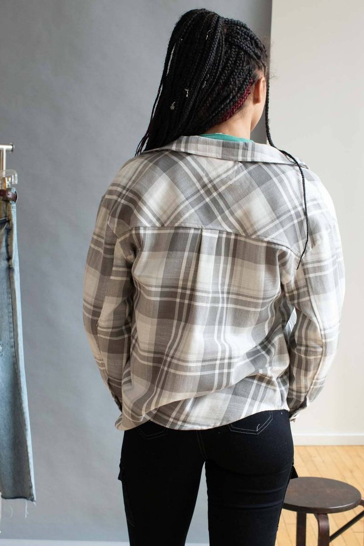 Grey Plaid Woven Flannel Shirt Flannel Collared Shirt For Fall, Plaid Long Sleeve Tops For Casual Gatherings, Flannel Button-up Tops For Casual Gatherings, Everyday Plaid Flannel Tops, Flannel Shirt For Everyday Fall Wear, Everyday Flannel Shirt For Fall, Plaid Long Sleeve Tops For Everyday, Everyday Long Sleeve Flannel Top, Everyday Plaid Long Sleeve Shirt