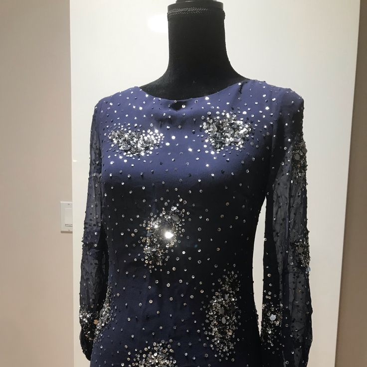 Brand New Condition. Never Worn Elegant Blue Top For Wedding, Festive Blue Evening Blouse, Festive Evening Blue Blouse, Chic Embellished Formal Blouse, Elegant Blue Embellished Top, Fitted Blue Embellished Blouse, Blue Embellished Party Blouse, Blue Silk Evening Blouse, Elegant Embellished Blouse For Night Out