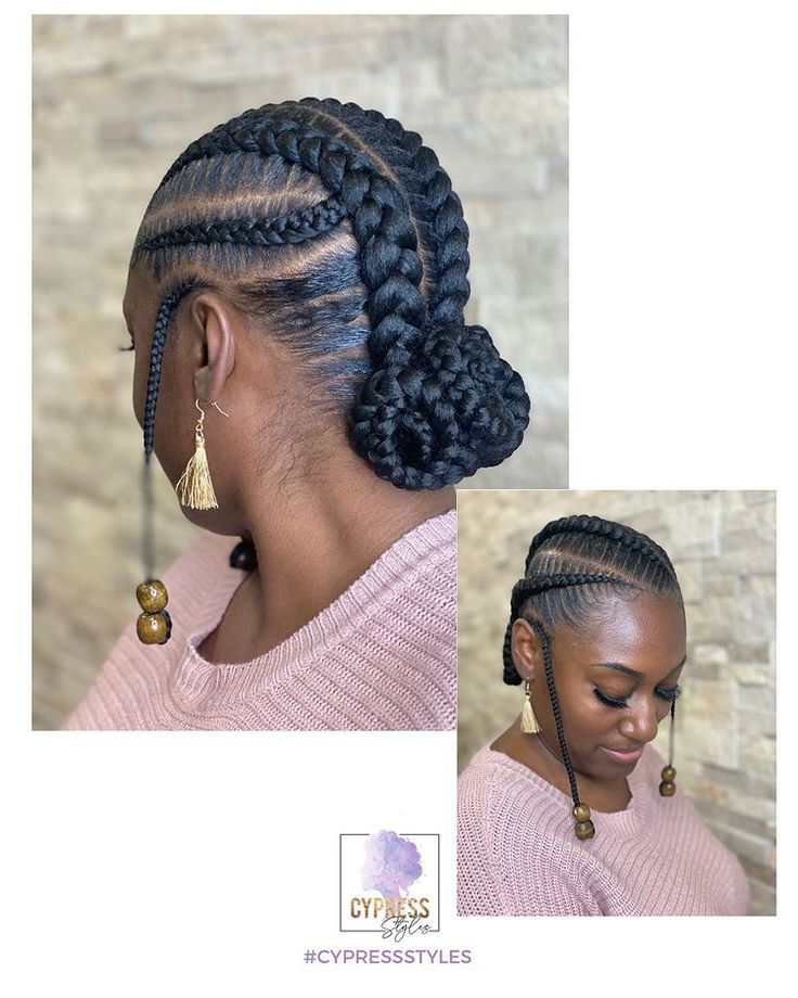 Cypress Styles | 😍😍 —————— Book under 4 stitch braids. Appointments available today @ 12pm (ct). —————— #StitchBraids #BunBraids #CypressStyles… | Instagram Hair Cornrows Styles, Goddess Cornrows Buns, Cute 2 Braids Hairstyles, Feed In Hairstyles, Cornrow Stitch Braids, Half Feed In Braids Half Sew In Curly, 4 Braids Cornrows, 4 Feed In Braids Hairstyles, Formal Braids