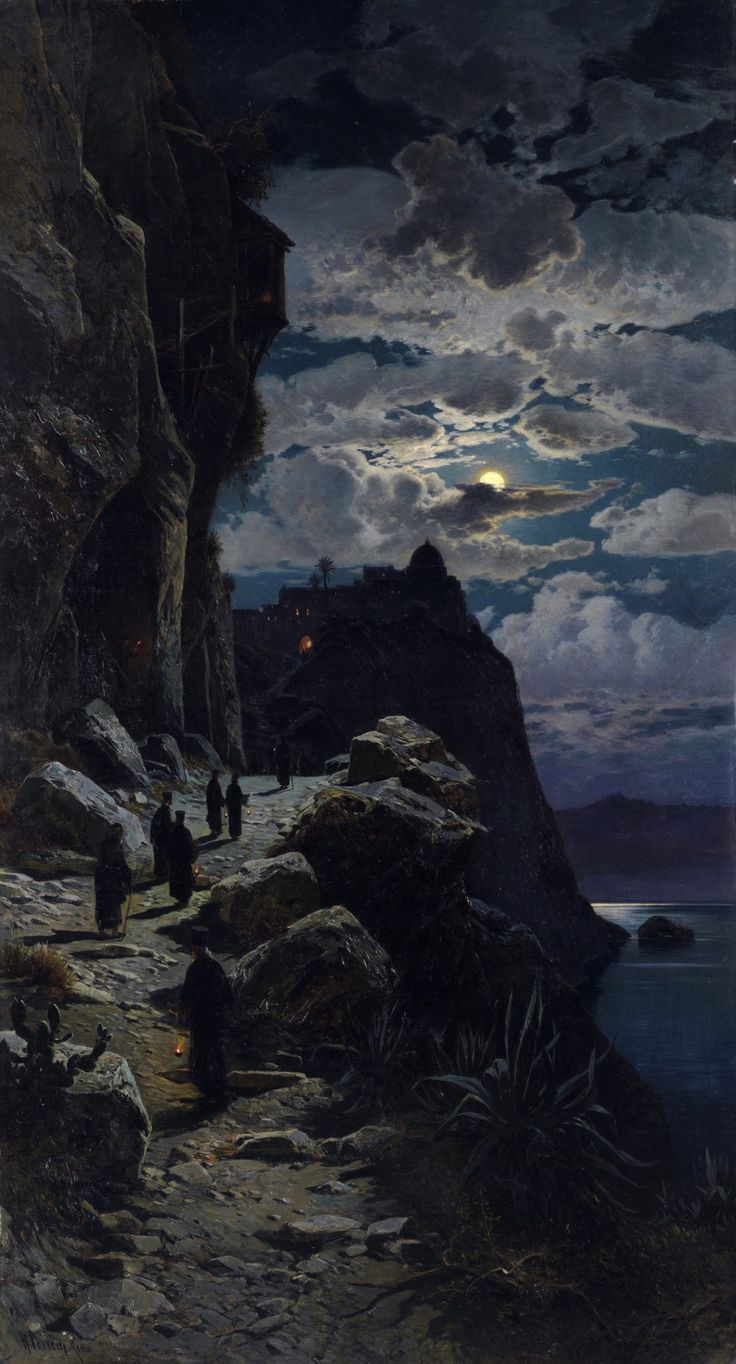 a painting of people walking on a rocky cliff by the ocean under a cloudy sky