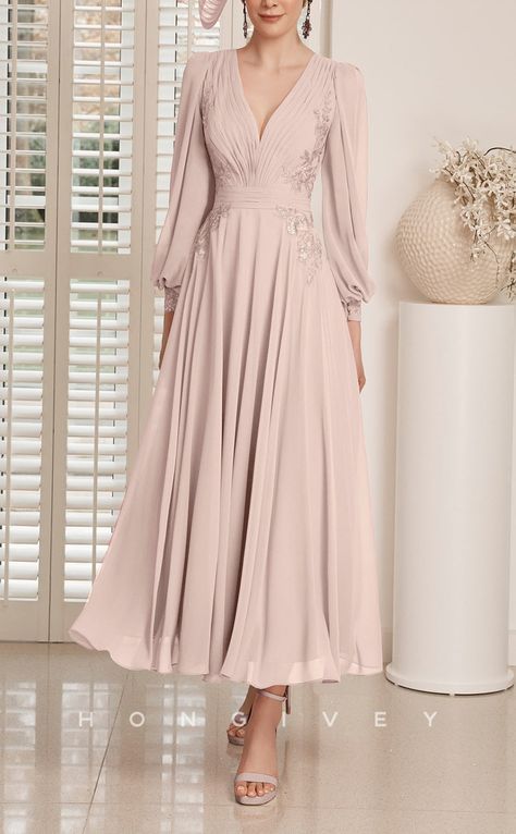 HM167 - Elegant Satin A-Line V-Neck Empire Long Sleeves Appliques Ruch Bride Dress, Empire Waist, Suits You, Mother Of The Bride, Appliques, A Line Dress, Custom Sizing, A Line, Long Sleeves