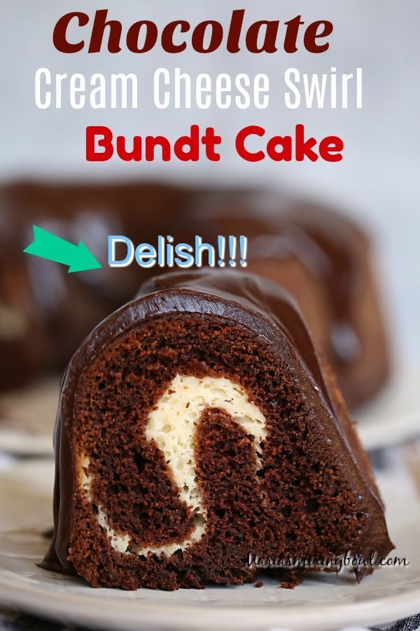 chocolate cream cheese swirl bundt cake on a plate with the words, delish