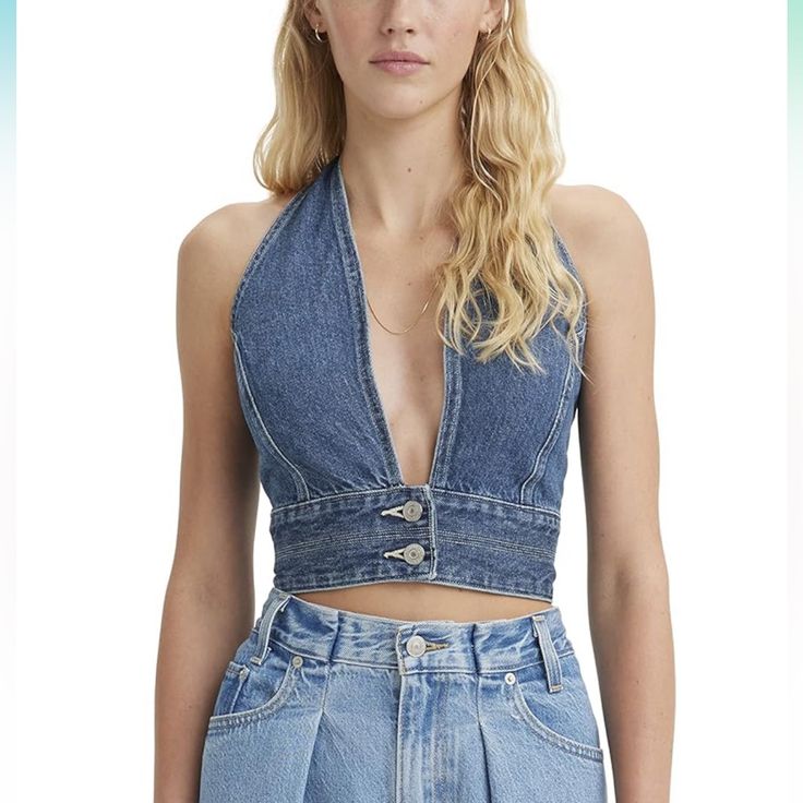 Cute And Flattering Halter Top. There Are Two Buttons Behind The Neck To Choose Your Preferred Strap Length. Denim Halter Top, Camila Morrone, Statement Blouse, Daisy Jones, Denim Crop Top, Shirt Blouses Tops, Halter Tops, Levis Women, Cropped Denim