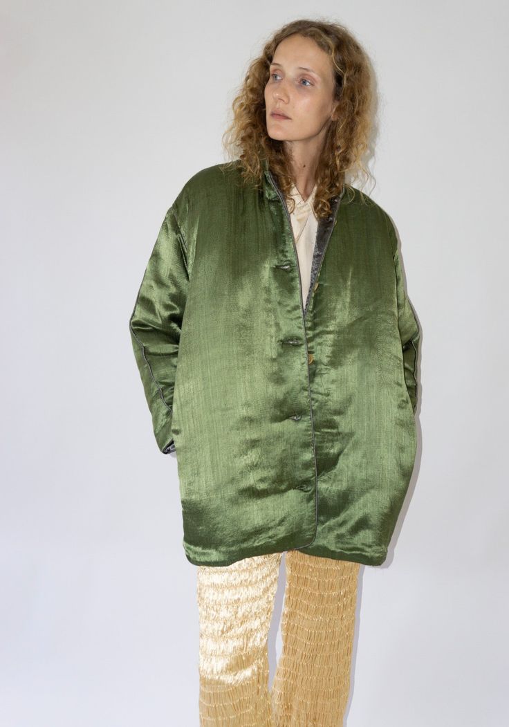 Tigra Tigra Puffy Silk Mid Coat in Olive Grey Spring Silk Outerwear With Pockets, Silk Long Sleeve Outerwear With Pockets, Winter Silk Long Coat, Silk Long Coat For Winter, Fall Silk Outerwear With Button Closure, Green Silk Long Sleeve Outerwear, Tigra Tigra, Hair Sale, By Malene Birger