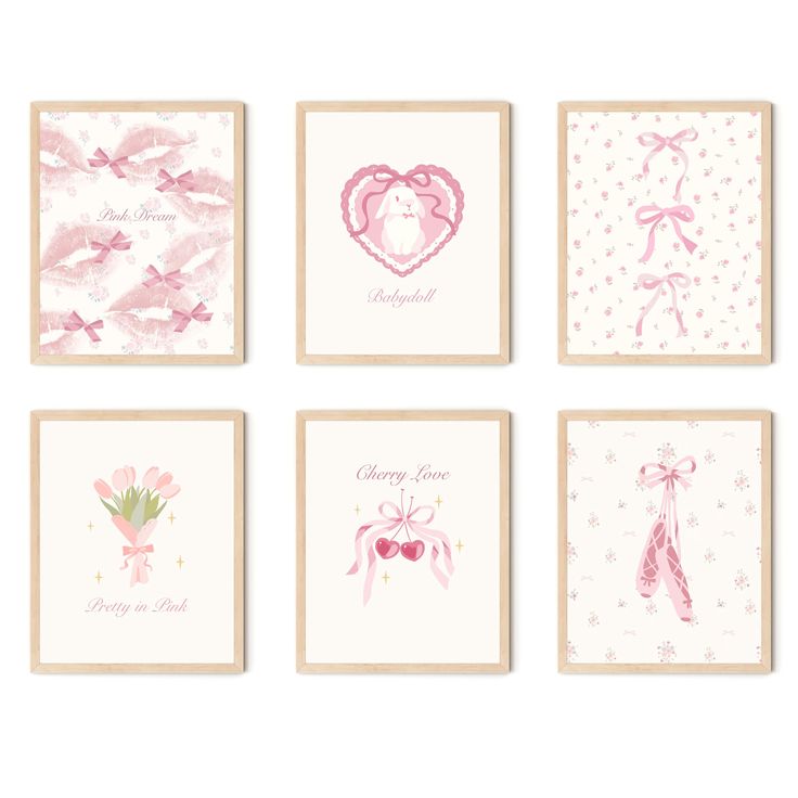 four cards with pink and white designs on them