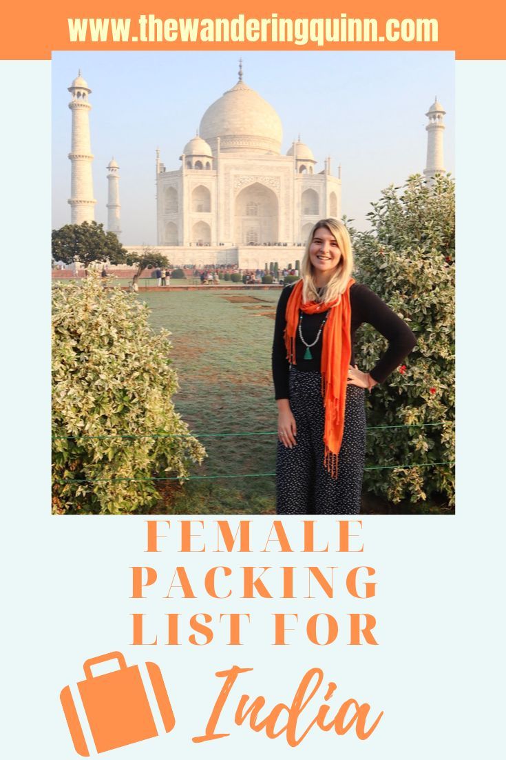 a woman standing in front of the tajwa mosque with text overlay that reads female packing list for india