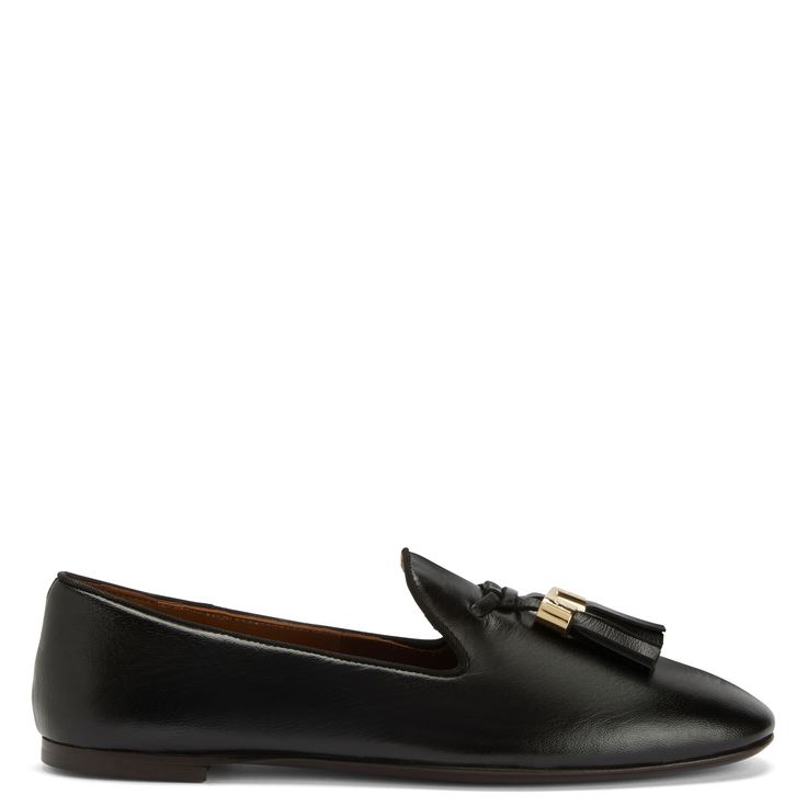 Leather loafers with grosgrain edging, leather tassels and metallic detail. Luxury Tassel Loafers For Workwear, Luxury Calf Leather Tassel Loafers For Formal Occasions, Luxury Slip-on Loafers With Tassels, Luxury Calf Leather Tassel Loafers For Galas, Luxury Tassel Slip-on Loafers, Luxury Tasseled Slip-on Loafers, Elegant Calf Leather Slip-on Tassel Loafers, Elegant Calf Leather Tassel Loafers Slip-on, Luxury Calf Leather Tassel Loafers