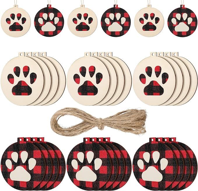 a set of christmas ornaments with red and black plaid paw prints on the front, white background