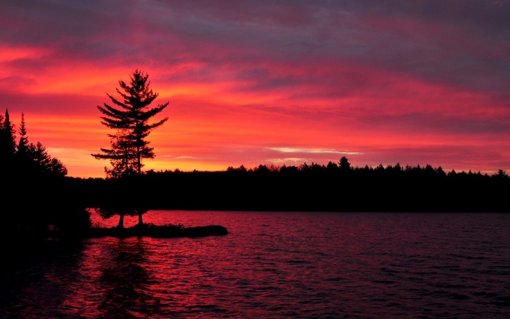 the sun is setting over some water and trees