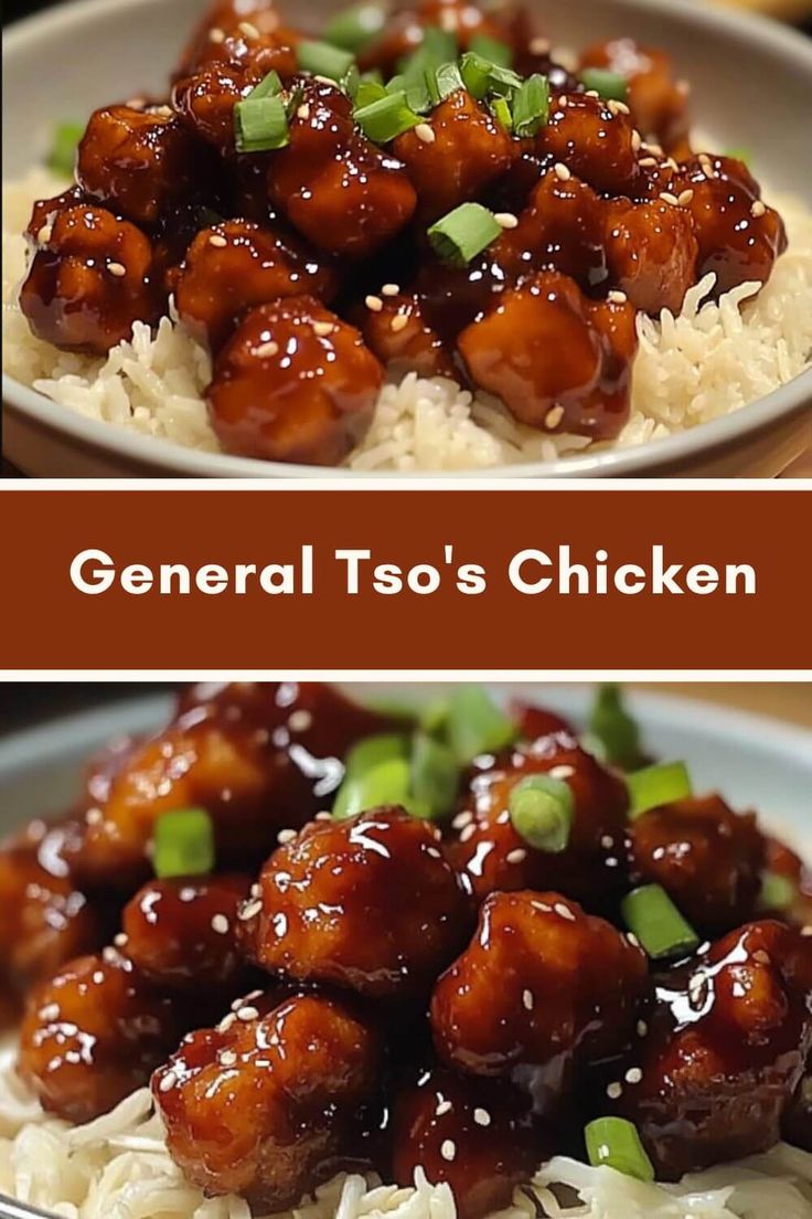 two pictures with the words general tso's chicken on them