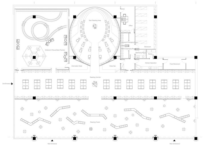 the floor plan for an office building with seating and tables, including a circular dining area