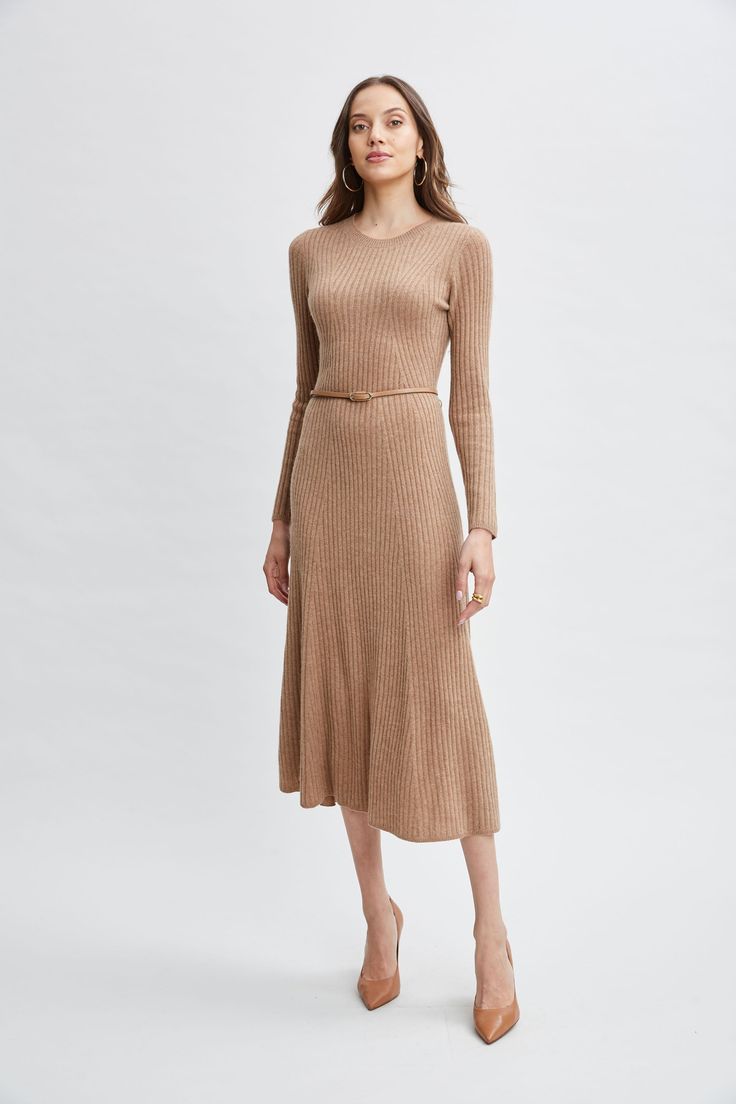 Immerse yourself in the essence of refined luxury with our soft touch Rib Cashmere Knit Dress. This long sleeve midi dress features an easy A-line silhouette & self-belt that is adorned with a gold buckle. Ultra-Soft & understated, this dress defines quiet luxury and can be worn with pumps or the seasons knee grazing boots. Long Sleeve Cashmere Midi Dress with Self Belt & gold buckle 100% Cashmere Runs true to size Model is 5'9" and wearing size S Dry Clean Only Imported Style #: ETR44242 Belt Gold Buckle, Boots Long, Cashmere Sweater Dress, Belt Gold, Long Sleeve Short Dress, Quiet Luxury, Sleeve Midi Dress, Long Sleeve Midi, Denim Coat