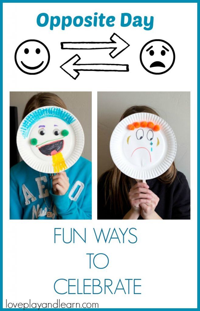 two kids holding paper plates with faces on them and the words opposite day fun ways to celebrate