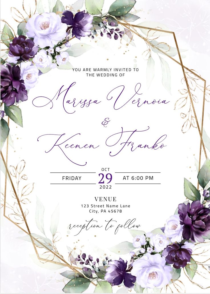 a wedding card with purple flowers and greenery