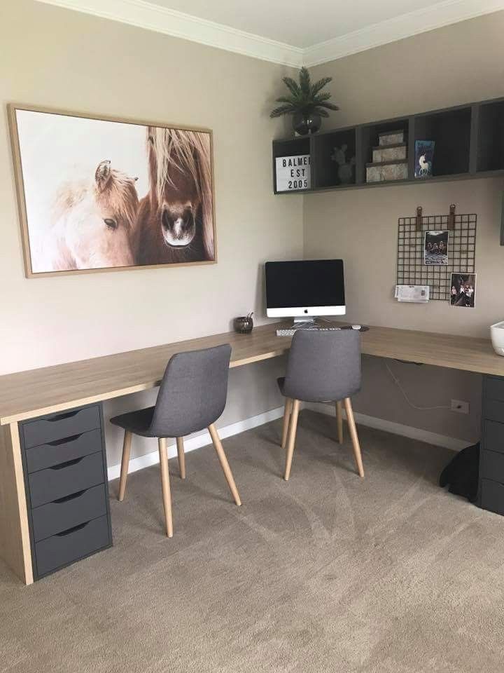 a desk with two chairs and a computer on top of it in a home office