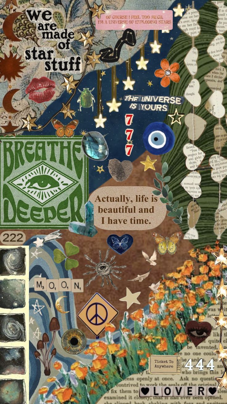 an altered collage with words and pictures on it's side, including the word breathe