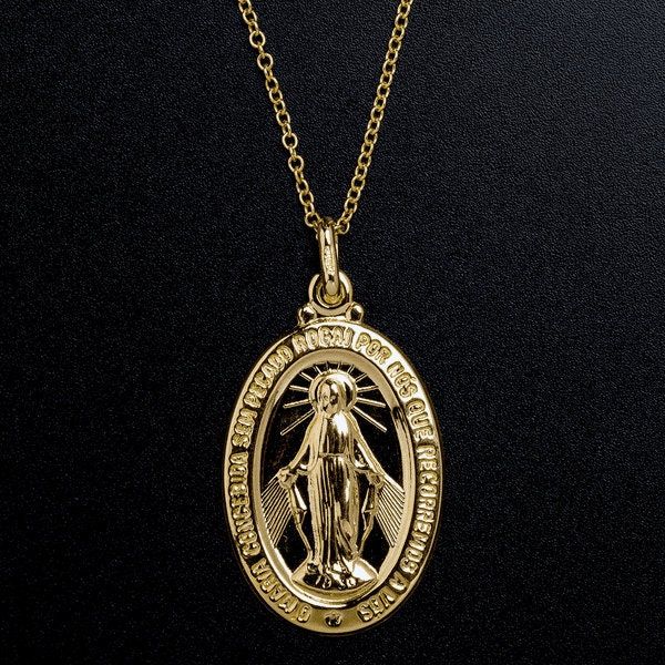 Gold Miraculous Medal Necklace, 18K Gold Necklace  Gold Pendant Necklace Virigin Mary Necklace Everyday Necklace Symbolic Yellow Gold Locket Necklace, Spiritual Charms Necklaces For Commemoration, Spiritual Necklace With Miraculous Medal For Commemoration, Symbolic Charms Necklaces For Commemoration, Symbolic Charms Necklace For Commemoration, Symbolic Oval Charm Necklaces, Symbolic Oval Necklaces With Charms, Gold Plated Oval Necklace With Charms, Round Miraculous Medal Necklace For Anniversary