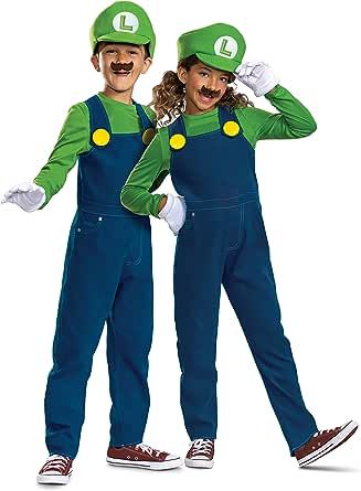 two children dressed in mario and luigi bros costumes standing next to each other with their hands on their hipss